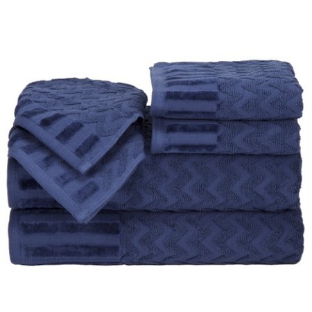 Hastings Home 6-Piece Cotton Deluxe Plush Bath Towel Set, Chevron Pattern Spa Luxury Decorative Towels, Navy 440587ILC